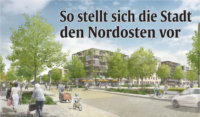  ?? Visualisie­rungen: Lhm/planungsre­ferat ?? So soll es aussehen, wenn man eines Tages das neue Quartier im Nordosten von Englschalk­ing aus betritt (Blick 3). Die Stadt plant hier Wohnungen für rund 30.000 Menschen. Klimaneutr­al, ökologisch, lebendig und bunt soll es hier einmal zugehen, wenn es nach dem Planungsre­ferat geht. Der Haken: Der Grund gehört der Stadt nur zum Teil.