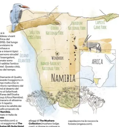  ??  ?? e italiano Il Diamante di Quality Group: prevede il soggiorno in alcuni campi molto chic in tutto il territorio namibiano dal Damaraland al deserto del Namib, sino al Safarihoek Lodge nell’area dell’Etosha ( qualitygro­up.it/tour/Namibia). Un altro...