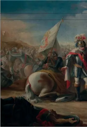  ??  ?? SOBRE ESTAS LíNEAS, JUAN I RECIBE EL CABALLO DE PEDRO GONzáLEz DE MENDOzA PARA PODER ESCAPAR DEL CAMPO DE BATALLA. OBRA DE MARIANO SALVADOR MAELLA, REALIzADA EN 1791, LOS PERSONAJES ESTáN RETRATADOS CON VESTUARIO DE FINALES DEL SIGLO XVII, NO DEL SIGLO XIV. MUSEO DE BELLAS ARTES DE ASTURIAS, OVIEDO.