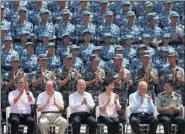  ?? EDMOND TANG / CHINA DAILY ?? Chief Executive Carrie Lam Cheng Yuet-ngor (third right), Tung Chee-hwa (second right), vice-chairman of the CPPCC National Committee, and Wang Zhimin (third left), director of the Liaison Office of the Central People’s Government in the Hong Kong SAR,...