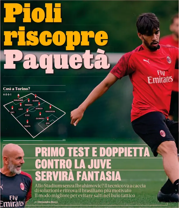  ?? LAPRESSE ?? In campo Stefano Pioli, 54 anni guarda Lucas Paquetà, 22. In basso, Daniel Maldini, 18 anni, con Alessio Romagnoli, 25 A destra, Ismael Bennacer, 22 anni