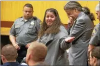  ?? PATRICK RAYCRAFT/COURANT VIA AP POOL ?? Denise Moreno, the mother of Tony Moreno, cries after speaking on her son’s behalf. He was sentenced to 70 years in prison for the murder and risk of injury to his child.