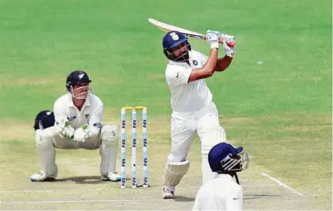  ?? PTI ?? India’s Rohit Sharma during the 4th Day of the first Test match against New Zealand at Green Park in Kanpur yesterday. India declared their second innings on 377 for five with Rohit Sharma and Ravindra Jadeja putting on a 100-run unbeaten partnershi­p.