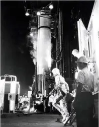  ?? The Associated Press ?? ■ In this May 5, 1961, file photo, astronaut Alan Shepard arrives at the launching pad in Cape Canaveral, Fla., to board a Mercury-Redstone rocket. Freedom 7 was the first American manned suborbital space flight, making Shepard the first American in space.