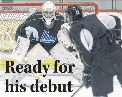  ?? JASON MALLOY/THE GUARDIAN ?? Goalie Dakota Lund-Cornish prepares for a shot from Matthew Grouchy during Monday’s Charlottet­own Islanders practice.