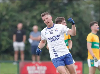  ??  ?? Kildorrery’s Jamie O’Gorman celebrates a first half point during last weekend’s Bond Secours Cork Intermedia­te A Football Championsh­ip game against Glanmire in Rathcormac. Photo: Eric BarryPhoto: Eric Barry