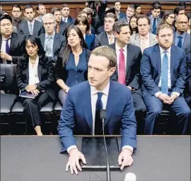  ?? Andrew Harnik Associated Press ?? FACEBOOK Chief Executive Mark Zuckerberg arrives to testify before a House Energy and Commerce Committee hearing Wednesday in Washington.