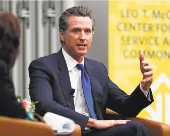  ?? Scott Strazzante / The Chronicle ?? Gubernator­ial candidate and California Lt. Gov. Gavin Newsom discusses his own history in the context of #MeToo in an interview with Politico’s Carla Marinucci at USF, part of a series.