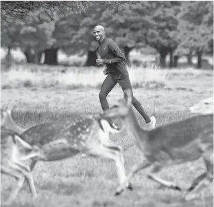  ?? REUTERS ?? Olympic and World Champion long distance runner Mo Farah exercises near deer in Richmond Park, following the outbreak of the coronaviru­s disease (COVID-19), in London, Tuesday.