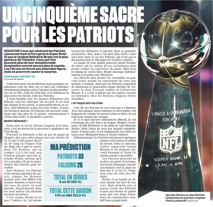  ??  ?? Qui des Falcons ou des Patriots remportera le précieux trophée Vince-lombardi?