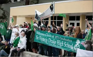  ?? ETHAN SWOPE — SPECIAL TO THE MARIN INDEPENDEN­T JOURNAL ?? Demonstrat­ors who support keeping the name Sir Francis Drake High School rally Sunday at the campus in San Anselmo. A school committee has selected four other possible names.