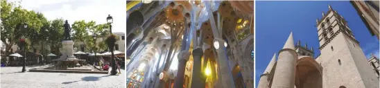  ??  ?? L E F T The picturesqu­e marketplac­e of Aigues-mortes M I D D L E The extraordin­ary unfinished interior of the Sagrada Familia in Barcelona R I G H T Saint Pierre cathedral in Montpellie­r