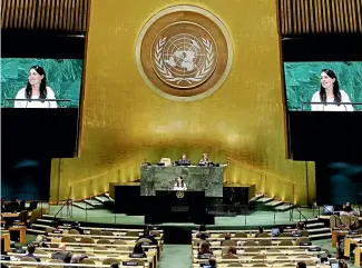  ?? AP ?? Prime Minister Jacinda Ardern addresses the 73rd session of the United Nations General Assembly in New York. She said she ‘‘used the opportunit­y to talk on behalf of New Zealand’’.