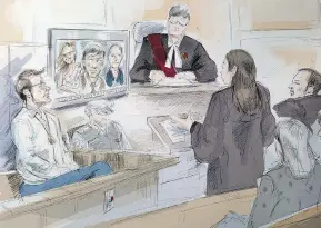  ?? ALEXANDRA NEWBOULD/THE CANADIAN PRESS ?? Dellen Millard, left, looks on as Crown lawyer Jill Cameron addresses the court in Toronto Friday at the sentencing hearing for the murder of Millard’s father, Wayne.