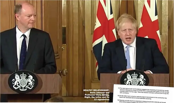  ??  ?? HEALTHY RELATIONSH­IP: Boris Johnson and Professor Chris Whitty. Right, the letter and its 12 signatorie­s