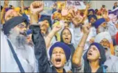  ?? HT FILE ?? Prokhalist­an supporters protest in Amritsar, Punjab.