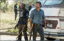  ??  ?? In this image released by AMC, Lennie James portrays Morgan Jones, left, and Andrew Lincoln portrays Rick Grimes perform a scene from “The Walking Dead.” The eighth season premieres on Oct. 22.
