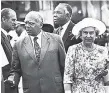  ?? GLEANER FILE PHOTO ?? The Queen before departing on Thursday, March 3, 1994. With her (from left) are Prince Phillip, Governor General Sir Howard Cooke and Deputy Prime Minister Seymour Mullings.