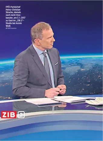  ?? ORF/Screenshot ?? FPÖ-Parteichef Heinz-Christian Strache, damals noch nicht Vizekanzle­r, am 3. 1. 2017 zu Gast im „ZiB 2“Studio bei Armin Wolf.