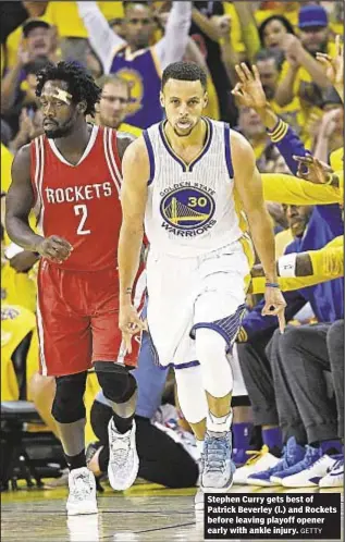  ?? GETTY ?? Stephen Curry gets best of Patrick Beverley (l.) and Rockets before leaving playoff opener early with ankle injury.