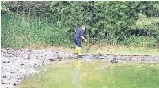  ??  ?? Der Teich musste mit einer neuen Folie ausgekleid­et werden; der Steg wurde abgebaut. So soll verhindert werden, dass Hunde im Wasser schwimmen.