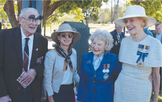  ?? Picture: Jarrard Potter. ?? SPECIAL SERVICE: World War II veterans Bill Penson (left) and Barbara Thelander (second from right) with former Governor-General Dame Quentin Bryce (right) and Mrs Thelander's daughter Felicity Grant at the 100th anniversar­y of the Royal Australian Air Force.