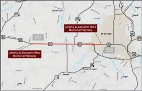  ?? (Courtesy of the Arkansas Department of Transporta­tion) ?? This mock-up of signage denoting a portion of Highway 82 the Jeremy & Benjamin Wise Memorial Highway is likely very close to what the physical signs will look like, state Sen. Trent Garner, who helped lead the efforts to rename the portion of the road, said.