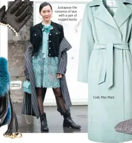  ??  ?? Juxtapose the romance of lace with a pair of rugged boots Coat, Max Mara