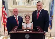  ?? [PHOTO PROVIDED] ?? Sunbeam Family Services and the Oklahoma Institute for Child Advocacy named Audrey Patton, 10, of Mustang, as 2017’s Oklahoma Kid Governor. From left are OICA CEO Joe Dorman, Kid Governor Patton and Sunbeam CEO Jim Priest. The groups are now on a search for the 2018 Kid Governor.