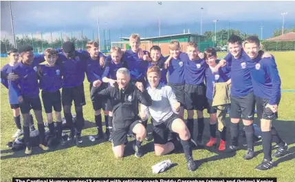  ??  ?? The Cardinal Humne under-13 squad with retiring coach Paddy Garraghan (above) and (below) Kepier Academy who are also in Playstatio­n National Schools Cup final action on Tuesday