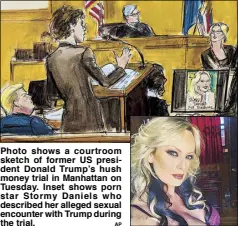  ?? AP ?? Photo shows a courtroom sketch of former US president Donald Trump’s hush money trial in Manhattan on Tuesday. Inset shows porn star Stormy Daniels who described her alleged sexual encounter with Trump during the trial.