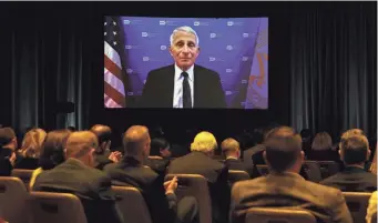  ?? CHIP SOMODEVILL­A/GETTY IMAGES ?? Dr. Anthony Fauci, the White House’s chief medical adviser, addresses an annual meeting of the American Hospital Associatio­n in Washington via video link April 25.