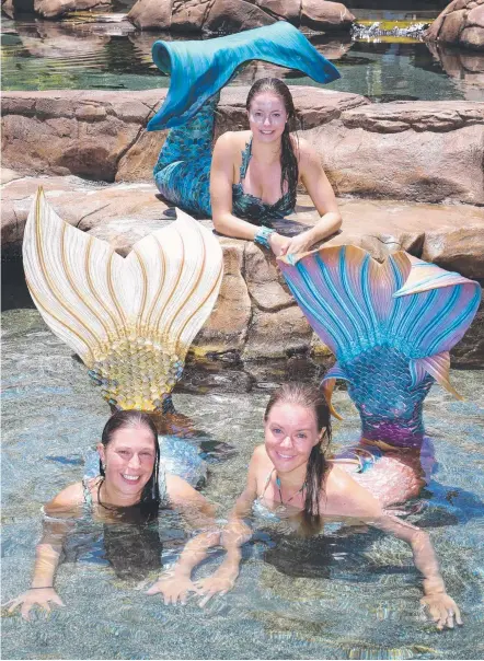  ?? Picture: GLENN HAMPSON ?? Mermaids Renee Chidiac, Kirsten Kinash and Emily Tucker will appear at Sea World in Sirens by the Sea.