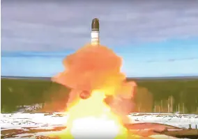  ?? ROSCOSMOS SPACE AGENCY PRESS SERVICE ?? Russia said recently it had conducted a first test launch of its Sarmat interconti­nental ballistic missile, a new and long-awaited addition to its nuclear arsenal which President Vladimir Putin said would make Moscow’s enemies stop and think.