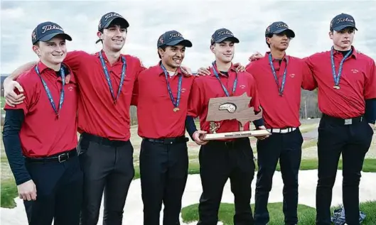  ?? KEN MCGAGH FOR THE GLOBE ?? From left, Curtis McDonald, Ronan Mooney, Veer Bhasin, Nic Gebhardt, Savar Bhasin, and Cael Duggan gave St. John’s (Shrewsbury) its first state golf title since 2012. Mooney and Gebhardt each shot 3-over-par 75 to lead the charge.