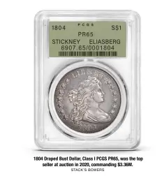  ?? STACK’S BOWERS ?? 1804 Draped Bust Dollar, Class I PCGS PR65, was the top seller at auction in 2020, commanding $3.36M.