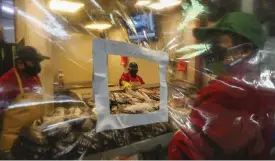  ?? Bild: Esteban Felix ?? Fiskförsäl­jare med munskydd arbetare bakom skyddande på marknaden La Vega i Chiles huvudstad Santiago.