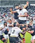  ??  ?? Jump to it: Scotland’s John Hardie contests a line-out with Fiji’s Peceli Yato