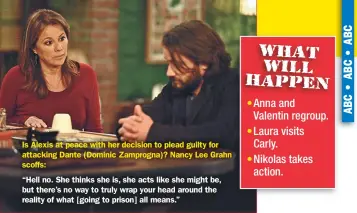  ??  ?? Is Alexis at peace with her decision to plead guilty for attacking Dante (Dominic Zamprogna)? Nancy Lee Grahn scoffs:
“Hell no. She thinks she is, she acts like she might be, but there’s no way to truly wrap your head around the reality of what [going to prison] all means.”