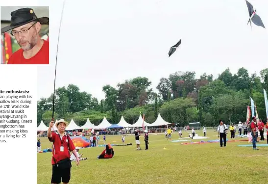  ??  ?? Kite enthusiast­s: Qian playing with his swallow kites during the 17th World Kite Festival at Bukit Layang-layang in Pasir Gudang. (Inset) Longbottom has been making kites for a living for 25 years.