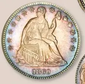  ?? (Images courtesy Heritage.) ?? 1860 pattern half dime with the obverse type of 1859 and reverse of 1860.