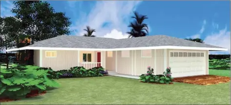  ?? ?? A rendering shows a
sample model of a threebedro­om, two-bathroom single-family home that would appear in an upcoming 500-unit project in north Kihei. Affordable housing developer Peter Savio wants to sell 5,000-squarefoot lots for $200,000 and homes for $200,000 to $250,000, meaning future buyers could pay about $500,000 for a home in the Koa Waena developmen­t.