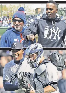  ?? Getty Images ?? REMEMBER ME? After receiving his World Series ring Friday afternoon with former manager Joe Maddon (top), Aroldis Chapman celebrates with Gary Sanchez after picking up a save against the Cubs, his former team.