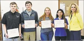  ?? Contribute­d photo ?? From left are Vinal Technical High School April students of the month Tony Lemire, Michael Lee, Riley McConnell and Melissa Caldeira, along with Principal Niki Menounos.