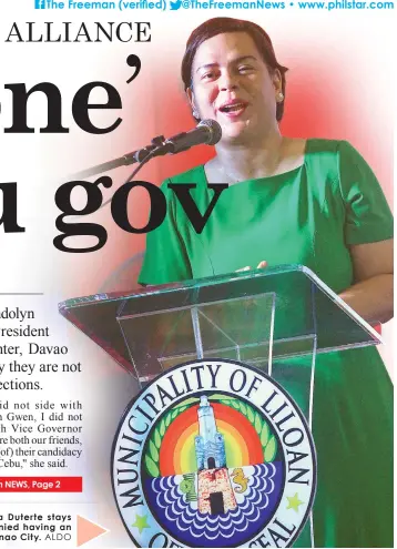  ??  ?? Presidenti­al daughter and Davao City Mayor Sara Duterte stays neutral in the gubernator­ial race in Cebu. She denied having an alliance with the BAKUD Party of the Duranos in Danao City. ALDO NELBERT BANAYNAL