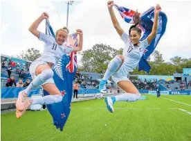  ?? Photo / Getty images ?? Kelli Brown (left) and Ayla Pratt of New Zealand celebrate after winning the Fifa U-17 Women's World Cup Uruguay 3rd place match between New Zealand and Canada in Uruguay in 2018.