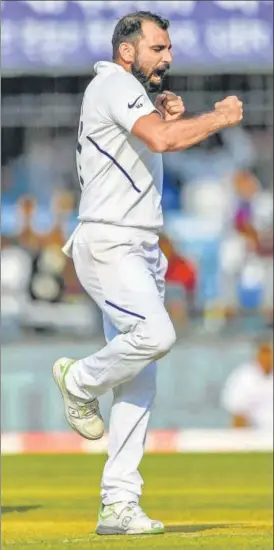  ?? AFP ?? Mohammed Shami celebrates the dismissal of Bangladesh's Taijul Islam in Indore on Saturday.