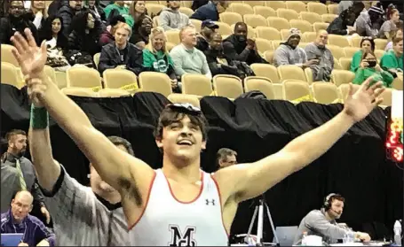  ?? Bennett Horne/McDonald County Press ?? McDonald County’s Jayce Hitt capped a 26-0 season by defeating DeSoto’s Isaac Foeller by fall on Saturday, Feb. 25, at Mizzou Arena in Columbia.