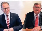 ?? FOTOMONTAG­E: STADT ?? Die beiden Bürgermeis­ter Reiner Breuer (l.) und Vojko Obersnel richten per Online-video Worte an die Bürger.