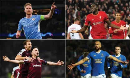  ?? ?? From top left: Kevin De Bruyne, Ibrahima Konaté, Kemar Roofe and Declan Rice. Composite: Getty Images, EPA